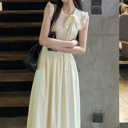 Sleeveless A-Line Dress Plain Crewneck Midi