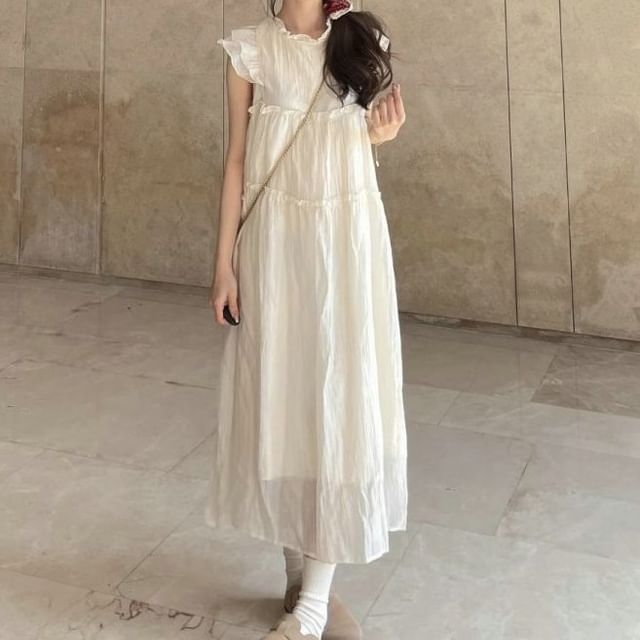 Cap-Sleeve Dress Sheer A-Line Plain Midi