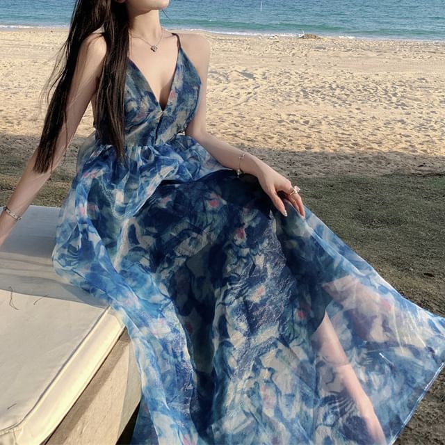 A-Line Tie Strap Maxi V-Neck Dye Print Dress Spaghetti