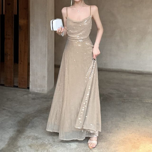 Strap Dress Spaghetti Maxi A-Line Sequin