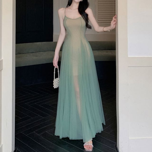 Spaghetti Scoop A-Line Neck Maxi Dress Strap Sheer