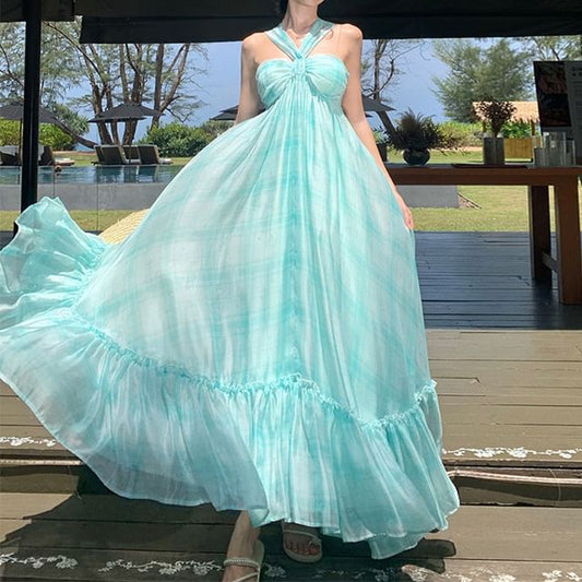 Dye A-Line Neck Maxi Hem Dress Halter Ruffle Tie