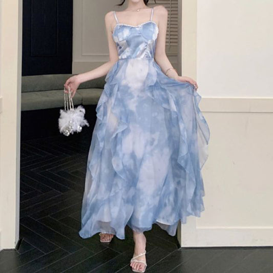 Hem Chiffon Ruffle Dress Spaghetti Strap Maxi Sun Dye Tie