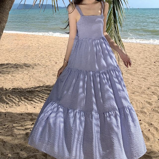 Striped Dress Square Ruffle Strap Spaghetti Sun Neck Maxi