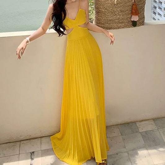 V-Neck Spaghetti Strap Dress Maxi Chiffon Pleated Cutout