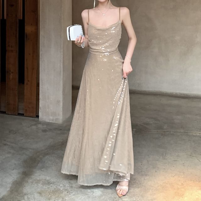 Strap Dress Spaghetti Maxi A-Line Sequin