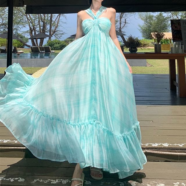 Dye A-Line Neck Maxi Hem Dress Halter Ruffle Tie