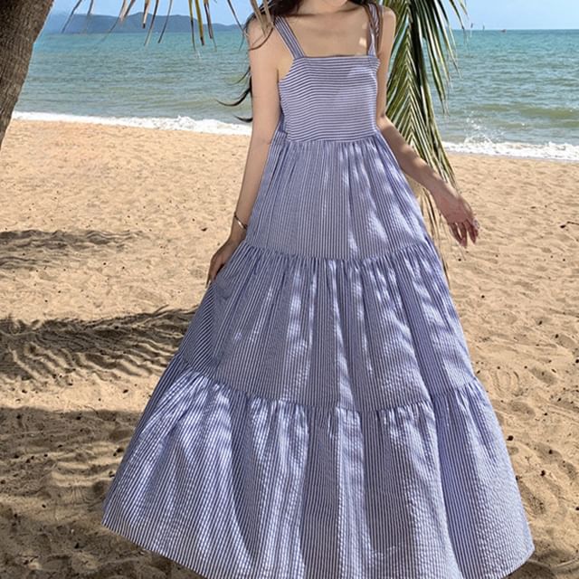 Striped Dress Square Ruffle Strap Spaghetti Sun Neck Maxi