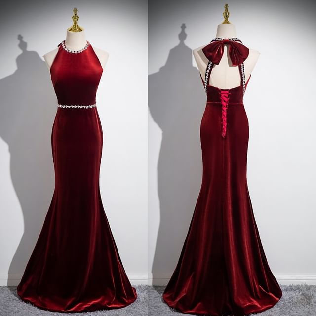Gown Mermaid Rhinestone Back Plain Velvet Neck Bow Evening Round Sleeveless Cutout