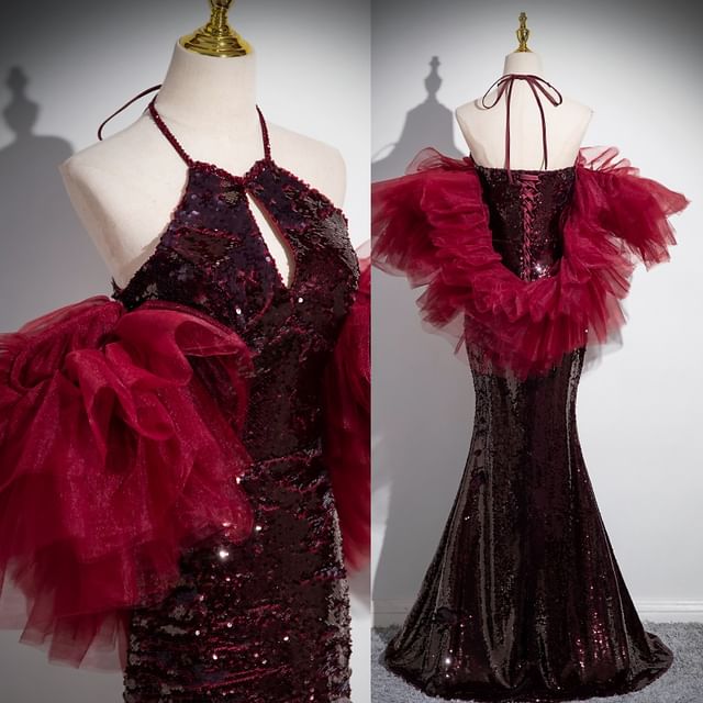 Panel Gown Evening Sequin Mermaid Halter Mesh