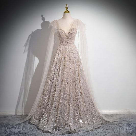 Sleeveless Evening Gown Bow Mesh Round A-Line Sequin Neck