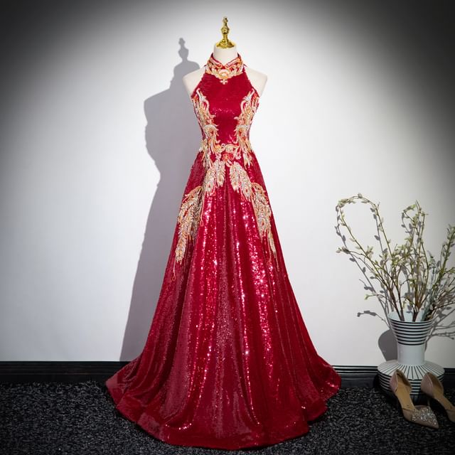 Evening Back A-Line Patterned Embroidered Cutout Gown Stand Sleeveless Collar Sequin