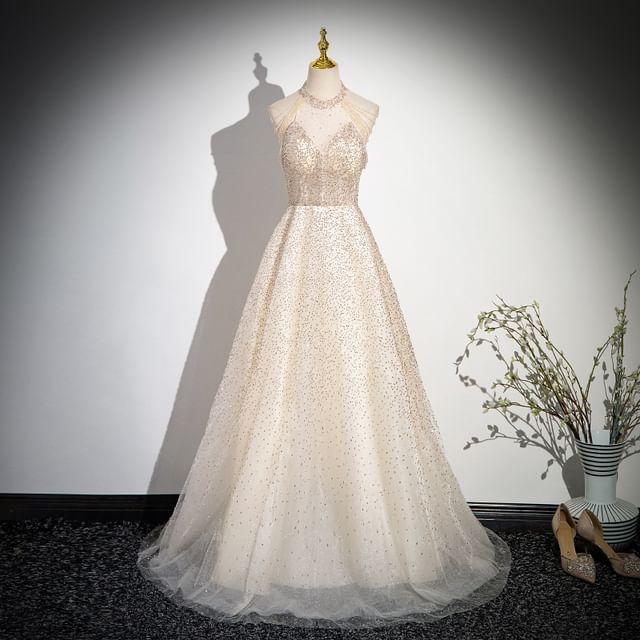 A-Line Glitter Sleeveless Beaded Evening Mesh Gown Neck Mock