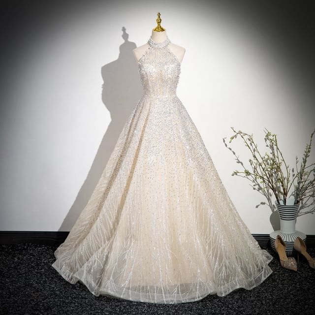 Evening Neck Mock Mesh Sleeveless Beaded Glitter Gown A-Line