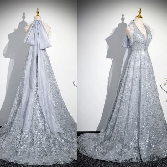 Halter Plain Evening Gown Sequin A-Line Mesh
