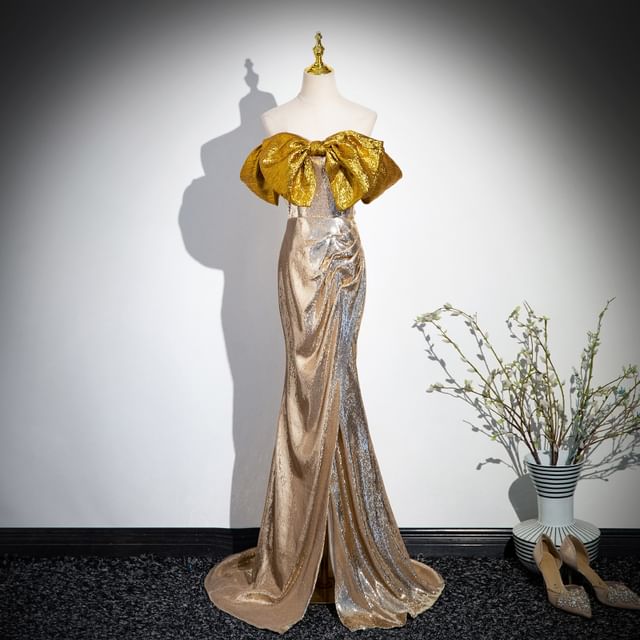 Evening Tube Bow Gown Sequin Slit Trumpet