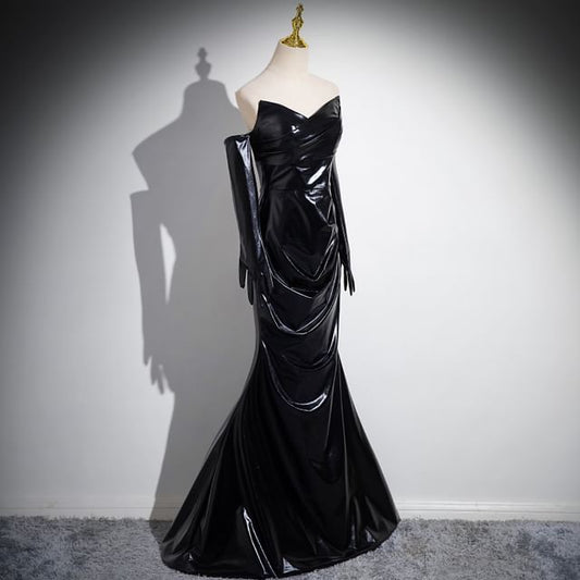 Leather Set: Gloves Gown Faux Plain + Evening Mermaid Ruched Tube
