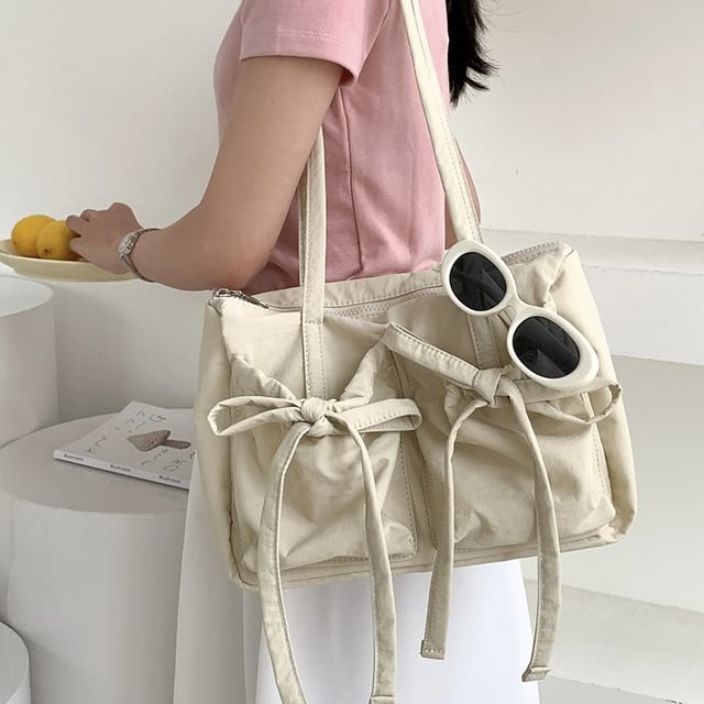 Plain Bag Accent Bow Nylon Tote