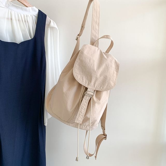 Flap Drawstring Backpack Nylon Plain