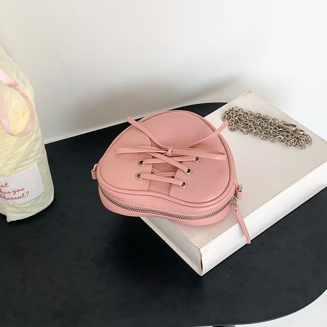 Leather Strap Shaped Faux Heart Bag Chain Crossbody Lace-Up