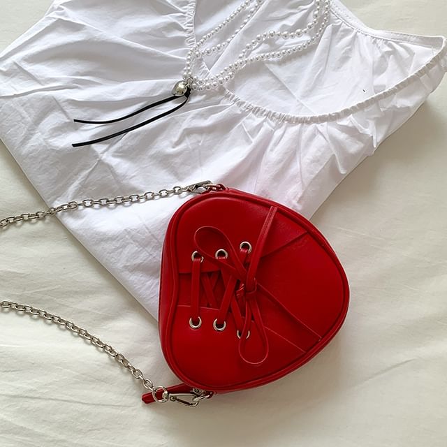 Leather Strap Shaped Faux Heart Bag Chain Crossbody Lace-Up