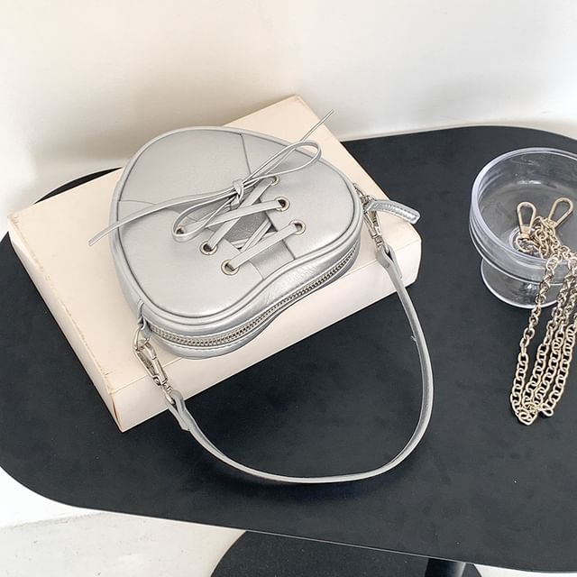 Leather Strap Shaped Faux Heart Bag Chain Crossbody Lace-Up