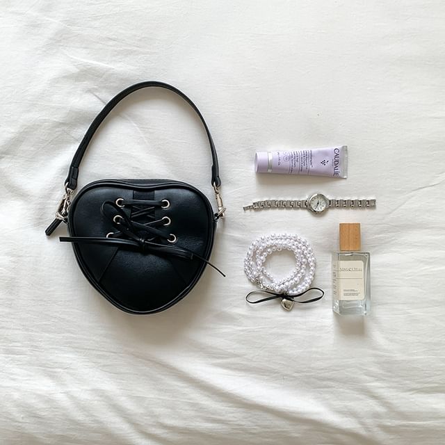 Leather Strap Shaped Faux Heart Bag Chain Crossbody Lace-Up