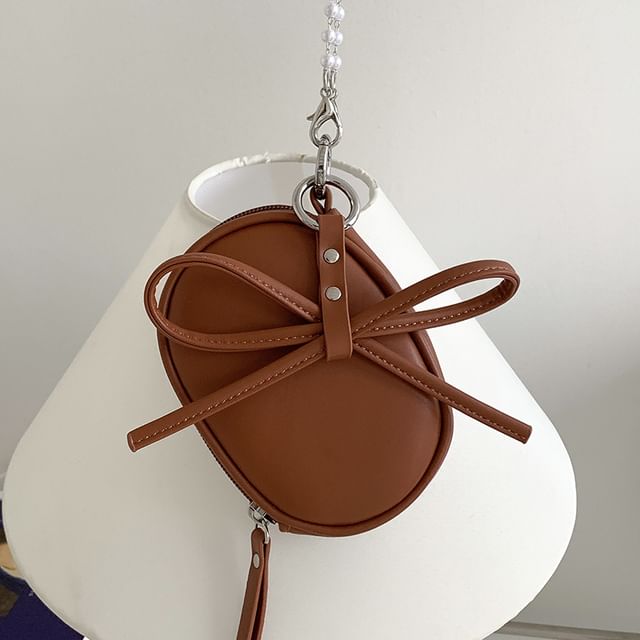 Leather + Bag Charm Crossbody Pearl Plain Set: Faux Strap