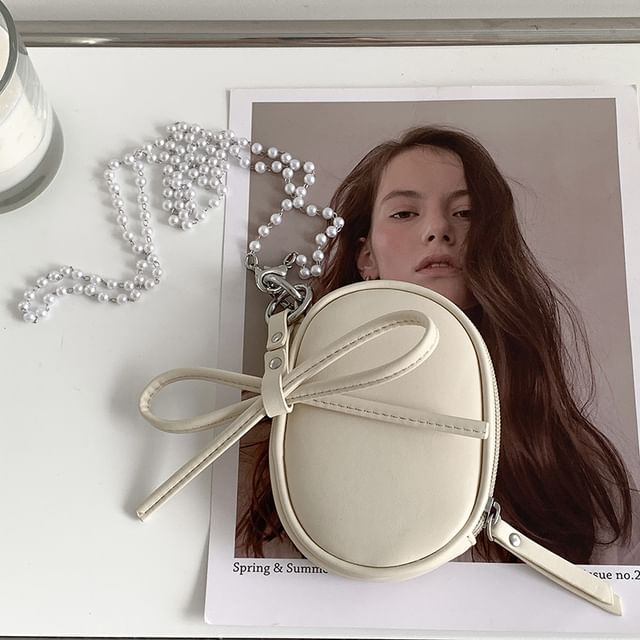 Leather + Bag Charm Crossbody Pearl Plain Set: Faux Strap