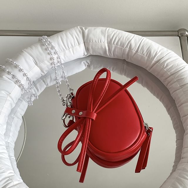 Leather + Bag Charm Crossbody Pearl Plain Set: Faux Strap