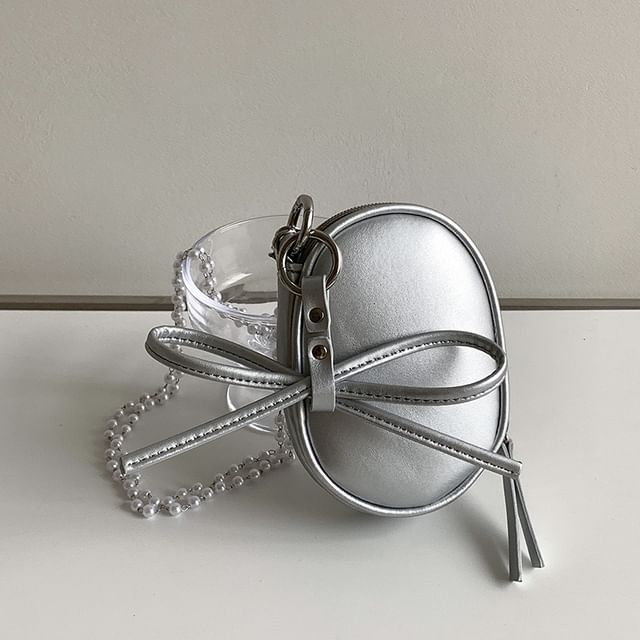 Leather + Bag Charm Crossbody Pearl Plain Set: Faux Strap