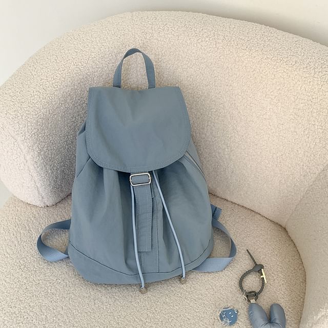Flap Drawstring Backpack Nylon Plain