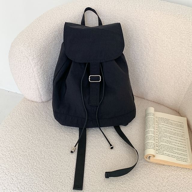 Flap Drawstring Backpack Nylon Plain