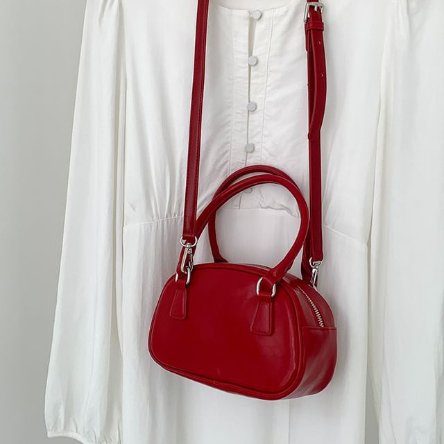 Leather Plain Bowler Bag Faux
