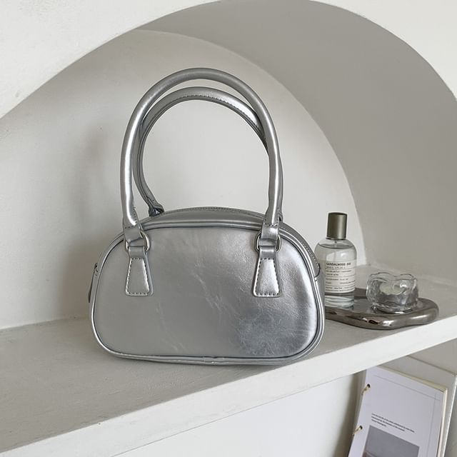 Leather Plain Bowler Bag Faux