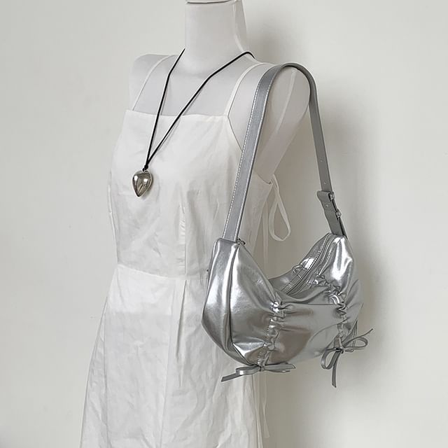 Faux Plain Drawstring Leather Shoulder Bag