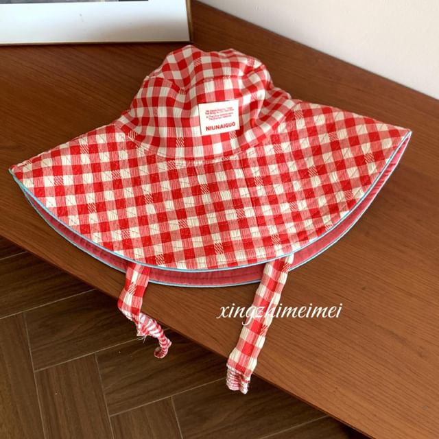 Hat Gingham Strap Bucket With Chin