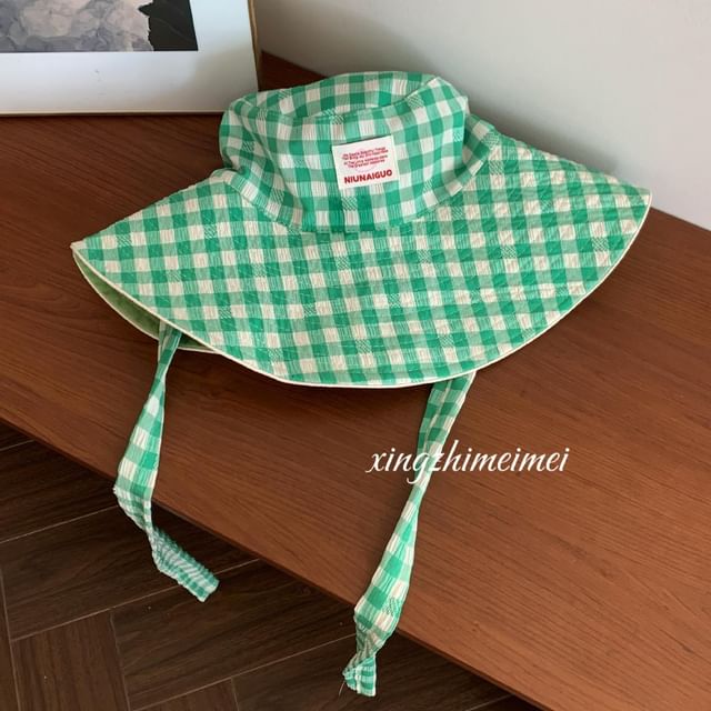 Hat Gingham Strap Bucket With Chin