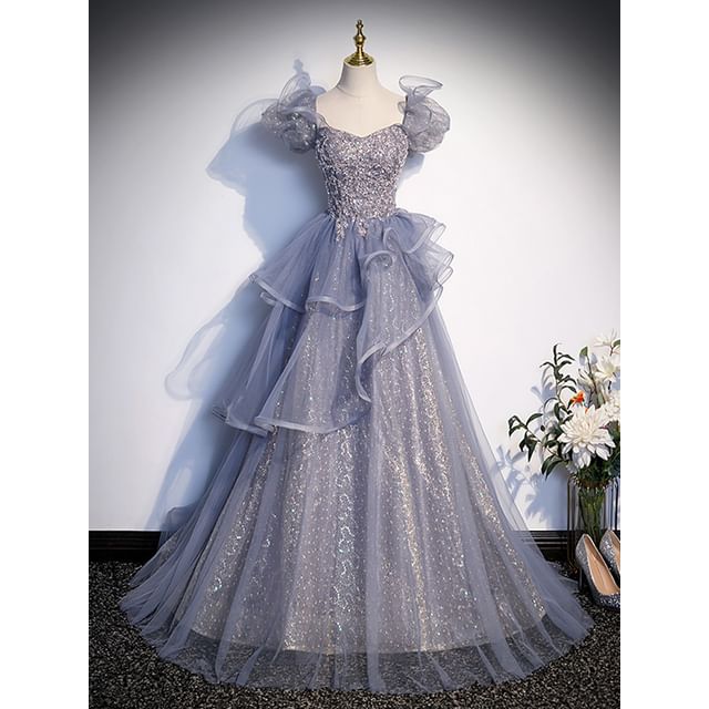 A-Line Sequin Cap-Sleeve Evening Tiered Gown