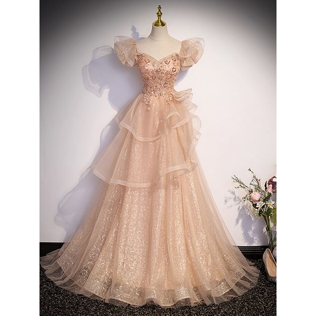 A-Line Sequin Cap-Sleeve Evening Tiered Gown