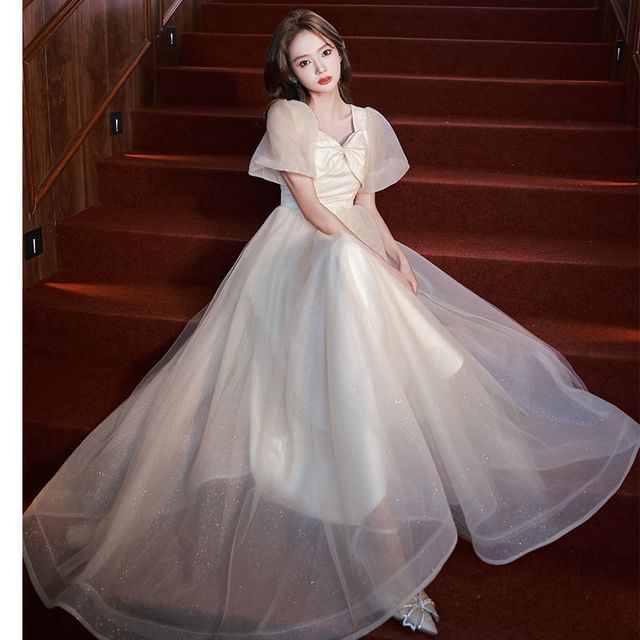 Short-Sleeve Evening V-Neck Gown Mesh A-Line