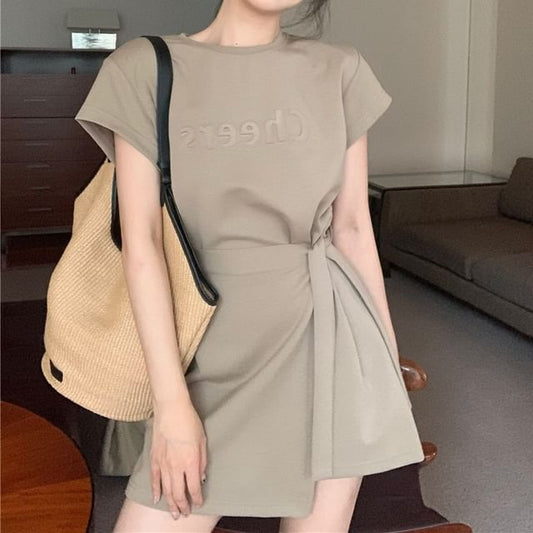 A-Line Mini Embossed Two Lettering Piece Short-Sleeve Crew Neck Dress Plain Mock