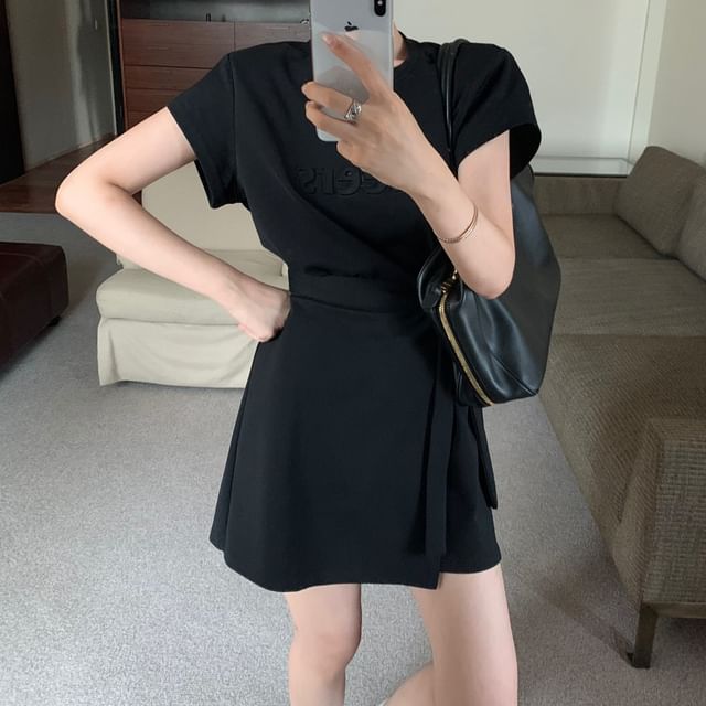 A-Line Mini Embossed Two Lettering Piece Short-Sleeve Crew Neck Dress Plain Mock