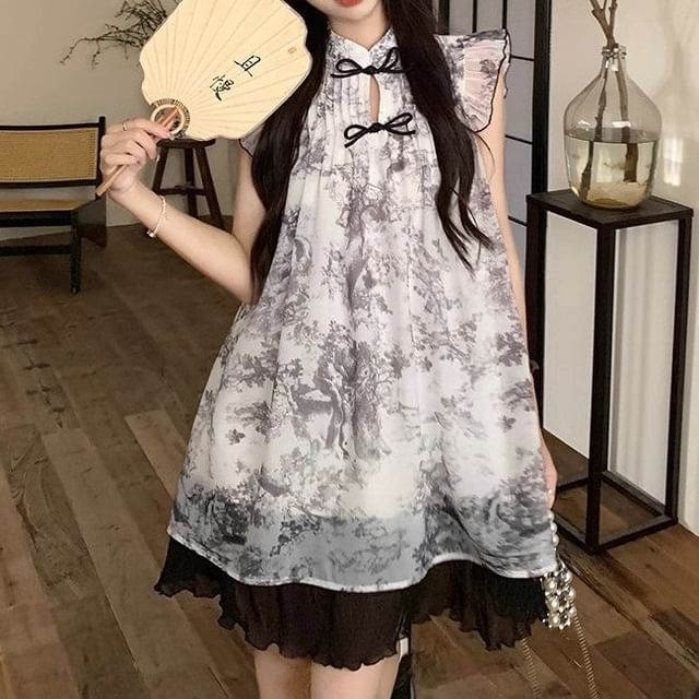 Mini Sheer Print A-Line Cap-Sleeve Dress