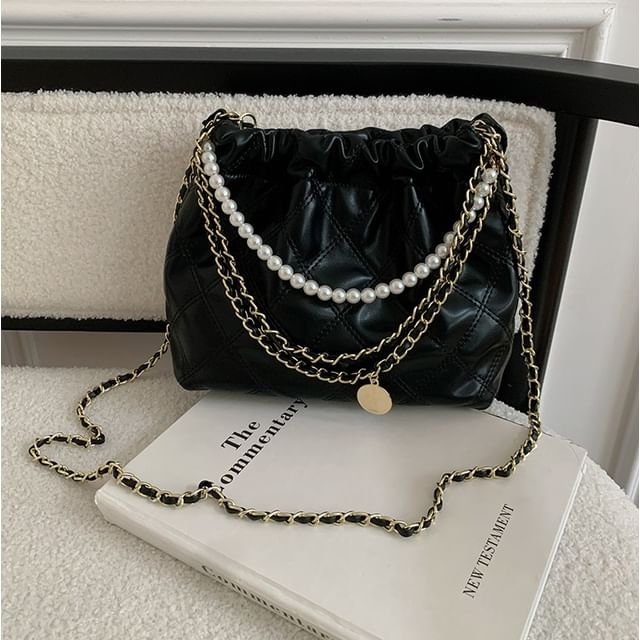 Faux Chain Quilted Crossbody Pearl Bag