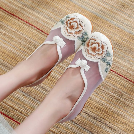 Heel Embroidered Mesh Wedge Slip-Ons