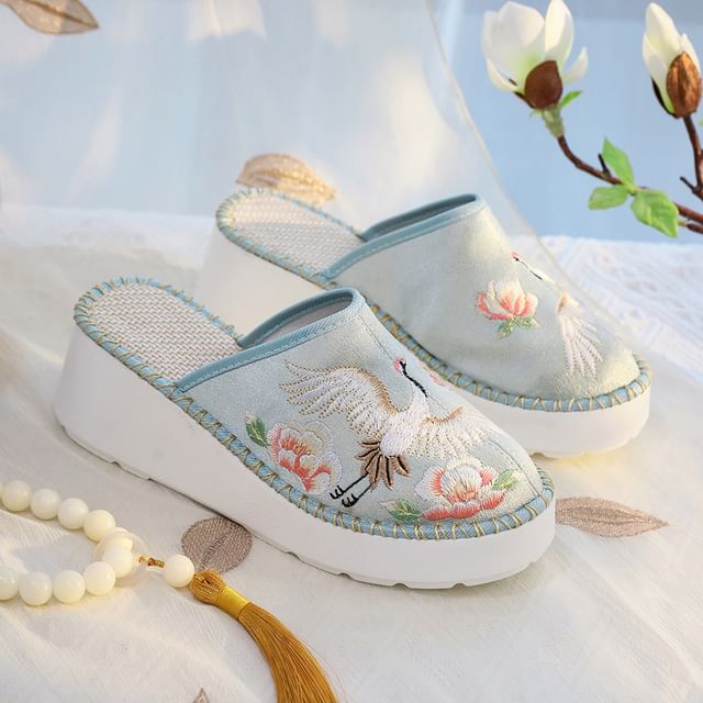 Heel Wedge Mules Embroidered