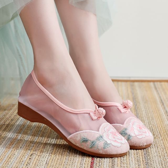 Heel Embroidered Mesh Wedge Slip-Ons