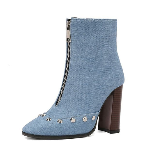 Boots Pointed Heel Denim Short Toe Studded Chunky