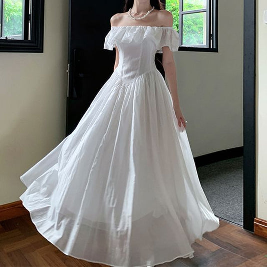 Short-Sleeve Maxi Trim Ruched Plain Dress Off-Shoulder A-Line Ruffle